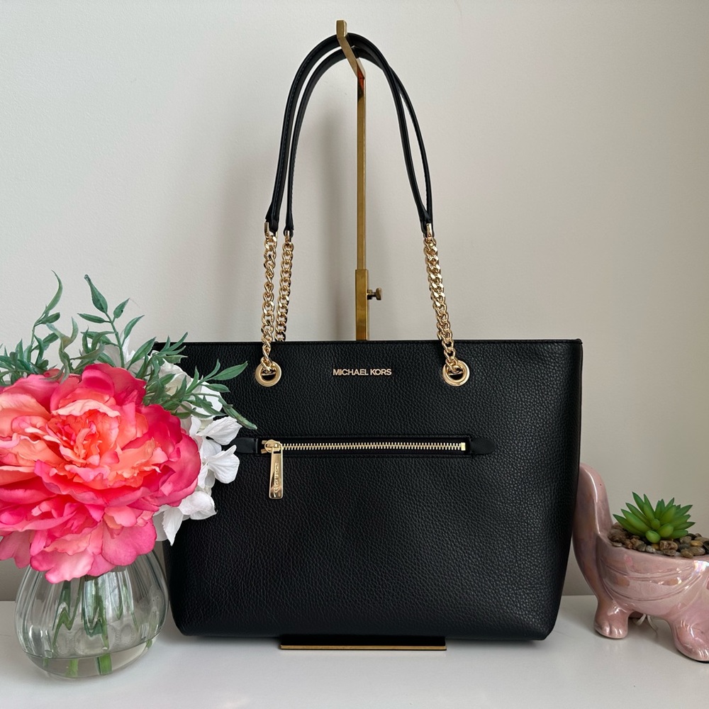 Michael Kors Jet Set Medium Leather Front Zip Chain Tote Black